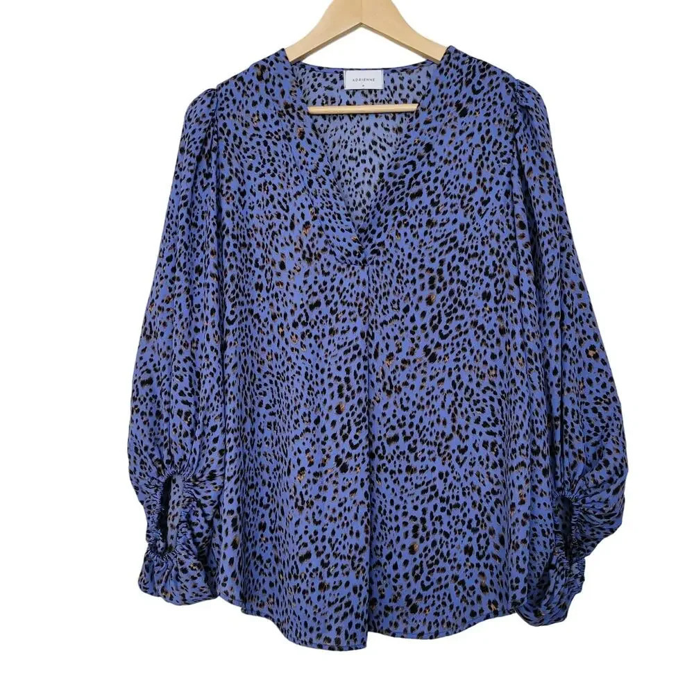 Adrienne Women's Tunic Blouse Top Size M Blue Black Loose Polyester Long Sleeves